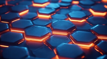 Fototapeta premium A close-up of interlocking hexagonal tiles illuminated with glowing edges.