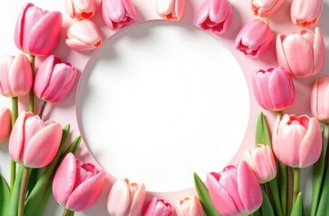 Round frame decorated with pink tulips on white background with space for text, card template