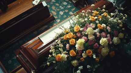 Mourning wreath in vase on church pew, signifying sympathy and respect during a funeral service.