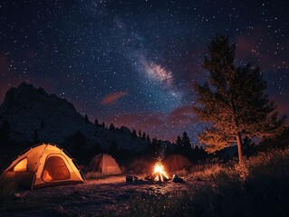 A serene nighttime campsite with tents and a warm fire under the dark, star-filled sky.