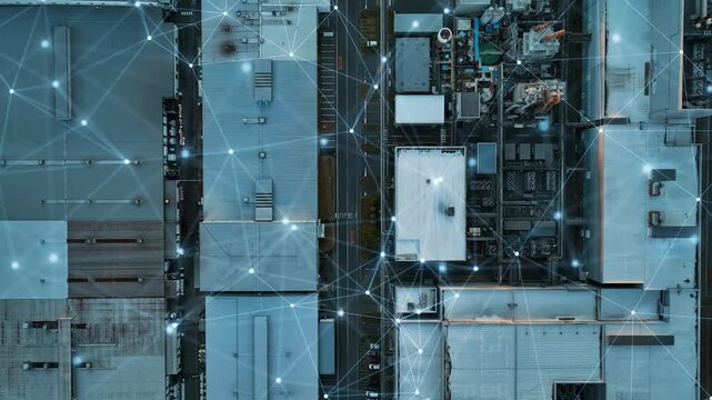 factory, industry, network, iot, dx, overhead view, drone, aerial view, plant, iiot, management, industrial, cityscape, city, system, machine, fa, factory automation, smart, building, connection, line