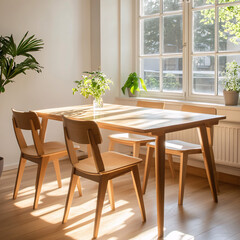 Obraz premium Minimalist Dining Area Wooden Chairs- Generative AI
