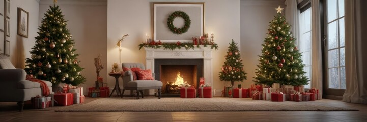 Cozy living room with decorated Christmas tree and presents, present wrapping, gift giving