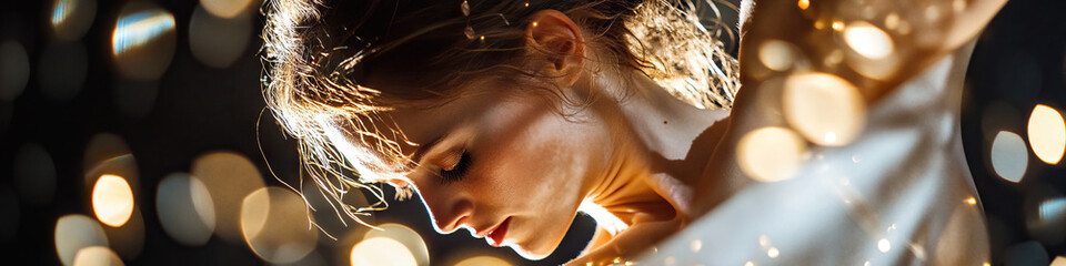 Naklejka premium Close-up Portrait of Woman with Bokeh Lights and Fabric