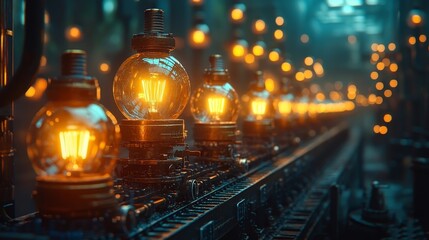 Steampunk Contraption Producing Glowing Bulbs on Conveyor Belt Symbolizing Mass Creation of Innovative Ideas