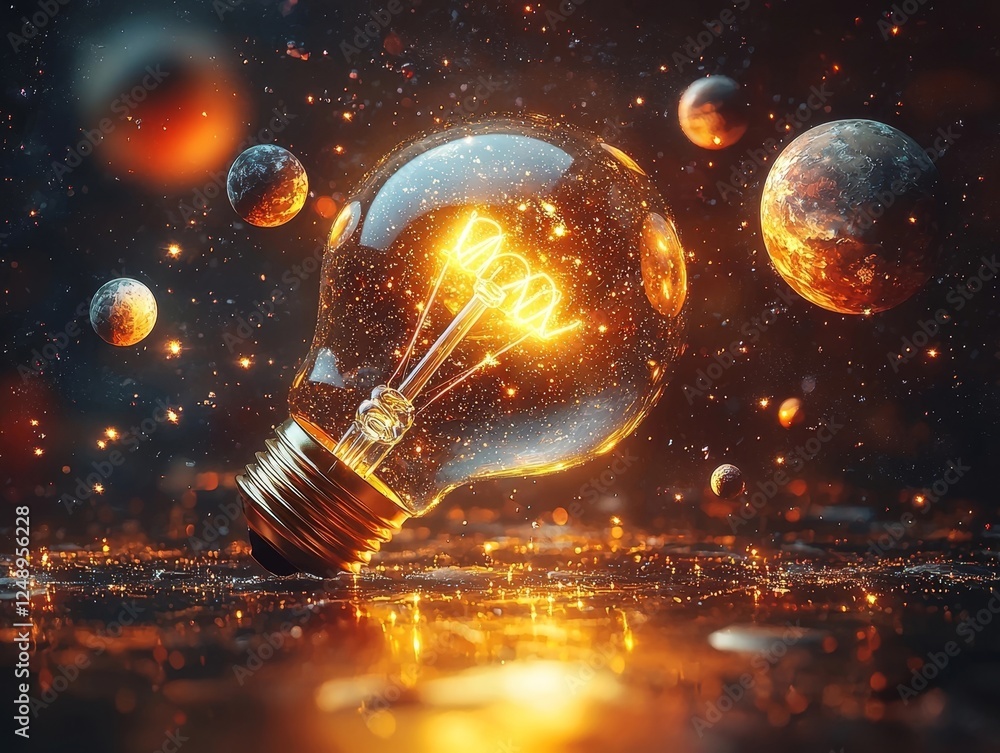 Poster a surreal cosmic light bulb floating in outer space with orbiting planets as symbols of universal