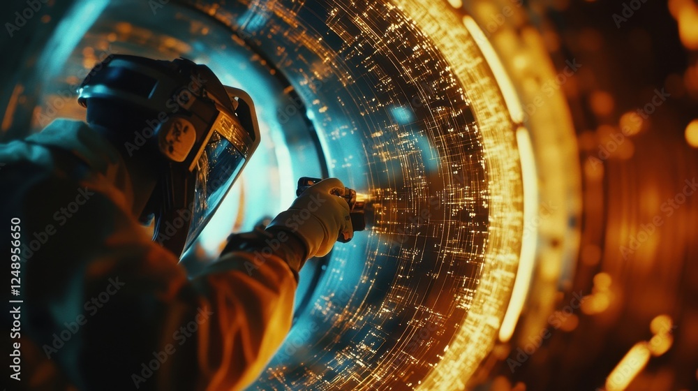 Poster scientist in protective gear examines digital data streams within a high tech laboratory environment