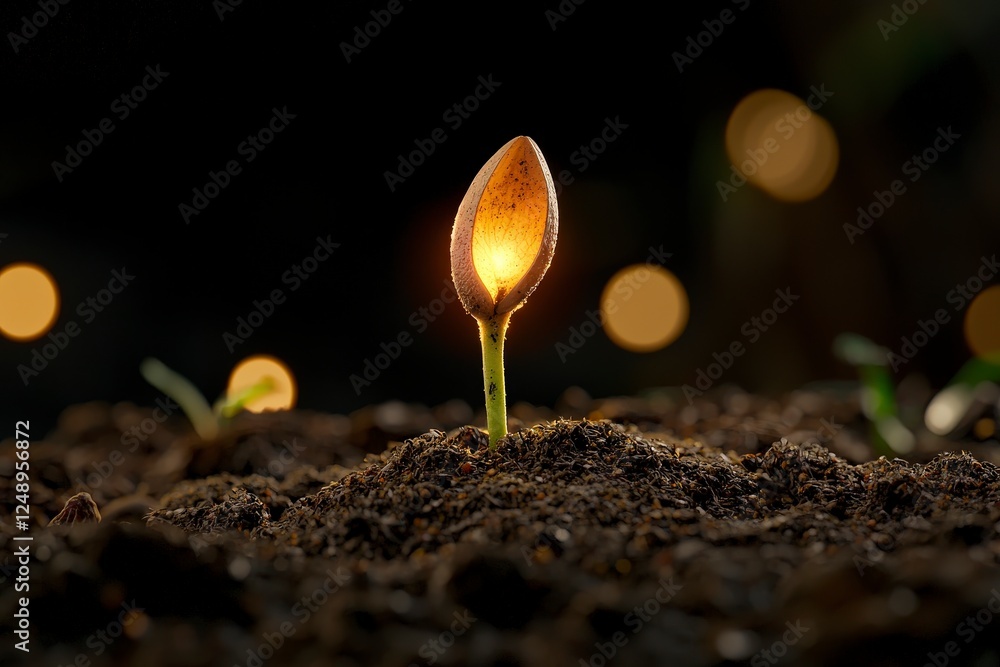 Poster seedling growing in dark soil with warm ambient light and soft focus background for nature and growt