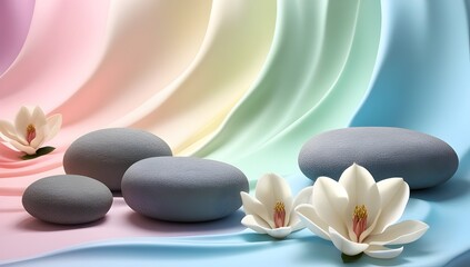 balance and serenity with magnolia flowers and large stones on soothing pastel background