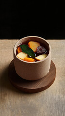 Herbal Infusion With Citrus and Spices in a Rustic Bowl on Wooden Surface, Highlighting Earthy Tones and Natural Ingredients