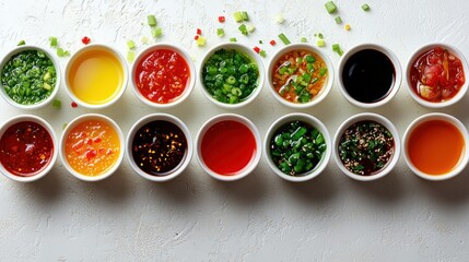 Assorted dipping sauces arranged on a textured white surface with scattered herbs and spices