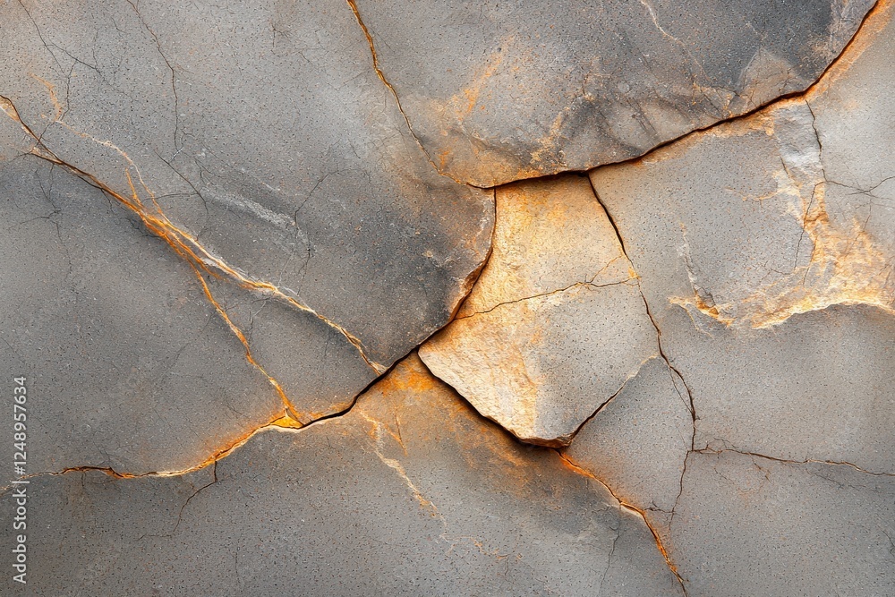 Poster abstract texture of cracked stone surface with orange highlights and intricate patterns in muted gra