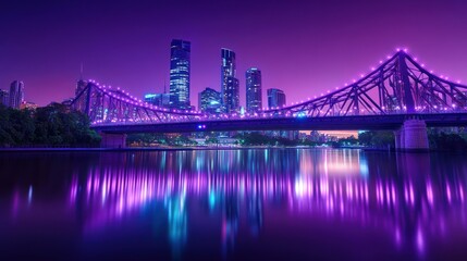 Fototapeta premium A vibrant cityscape at twilight featuring a bridge illuminated in purple hues.