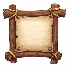 Naklejka premium Wood frame with old parchment and rope in cartoon style isolated on white background. 