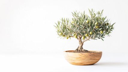 Mini olive tree in wooden pot with green olives against white background. Concept of urban gardening, home garden, Mediterranean decor, homegrown organic food, and sustainable living. Copy space