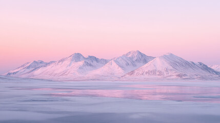 Majestic Snow-Covered Mountains Under a Soft Pink Sky During the Early Morning Light