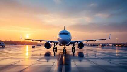 Airplane at Sunset: Serene Golden Hour on the Runway