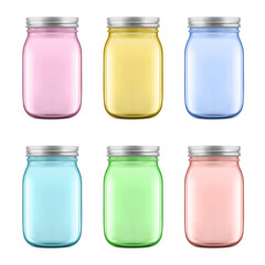 Clear colour mason jar mockups for food, diy. Hight realistic vector illustration isolated on white background. Perfect for easy customisation and editing your design. EPS10.