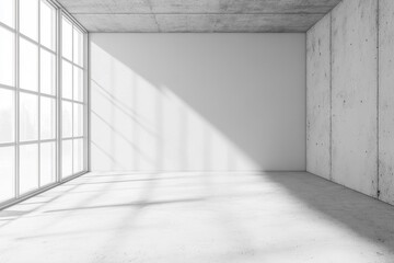 Fototapeta premium Sunlit empty concrete room, large window, minimalist design, mock-up