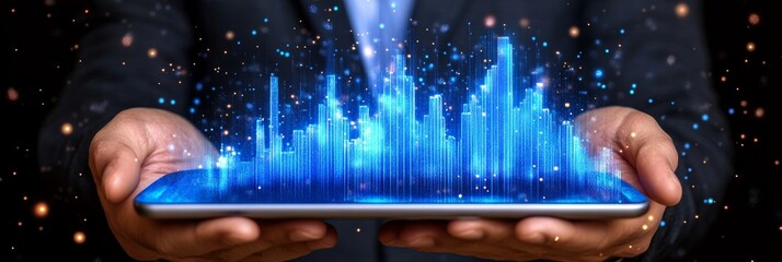 Businessman Analyzing Financial Growth Graph on Futuristic Tablet, Cityscape Background