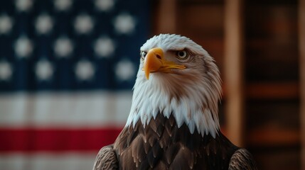 Naklejka premium Bald eagle portrait, American flag backdrop, patriotic symbol