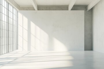 Obraz premium Sunlit loft, blank wall, empty floor, industrial windows, advertising