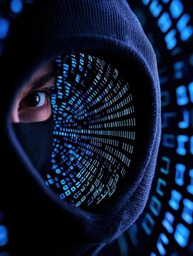 A mysterious figure in a hoodie, with an intense gaze, surrounded by digital binary code, symbolizing cybersecurity.