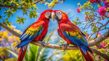 Obraz premium Affectionate Macaws: Vibrant Parrot Couple in Lush Tropical Paradise