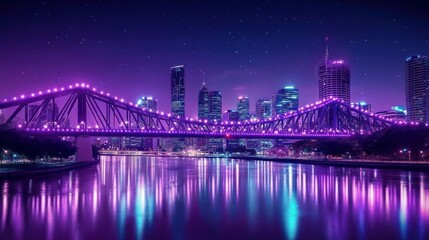 Fototapeta premium A vibrant night view of a bridge illuminated in purple against a city skyline.