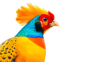 Fototapeta premium Golden pheasant with striking multicolored plumage against white background. Bold and exotic bird portrait, perfect for wildlife adventure, nature-inspired designs and ornithology concepts. Copy space