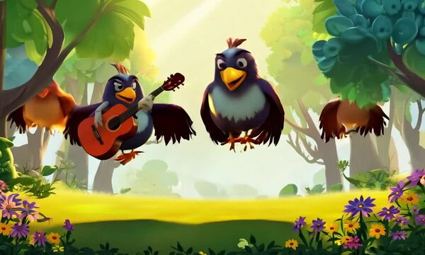 Four cartoon birds are singing and dancing in a forest clearing. One bird plays a guitar, and another holds a small, shiny object. The forest background is vibrant and whimsical.