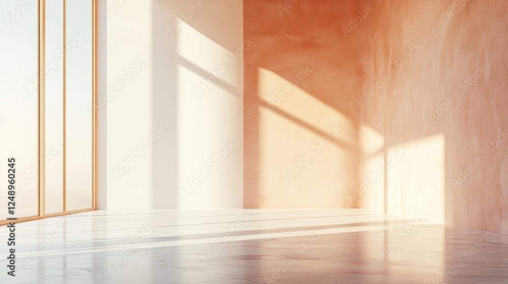 Poster close-up view of an empty room corner with beautiful natural light and soft shadows, featuring moder
