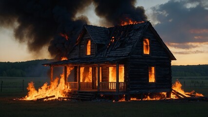 House is on fire and the flames are very high. The house is surrounded by a field and there are no people in the scene