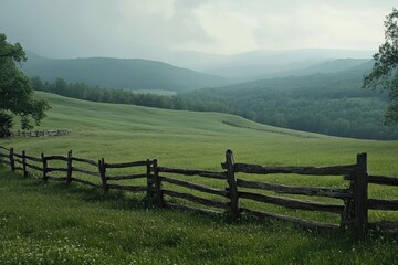 A rustic fence running through a green pasture surrounded by rolling hills