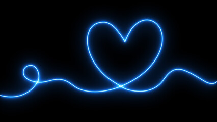 Neon glowing Hand drawn heart line icon on black background. Continuous line art drawing background.