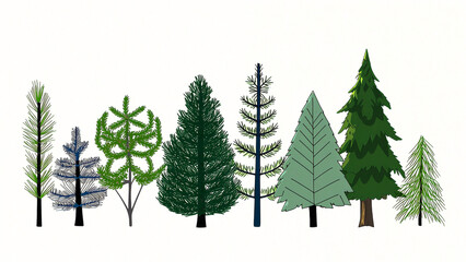 Fototapeta premium Set of pine trees, coniferous forest. Vector illustration.