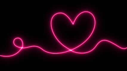 Neon glowing Hand drawn heart line icon on black background. Continuous line art drawing background.