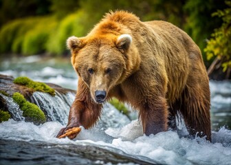 Fototapeta premium Alaskan Brown Bear Foraging Along a Riverbank: Aerial View