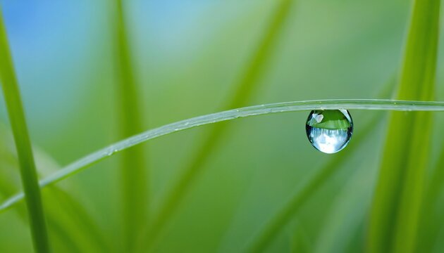 Macro closeup of fresh green grass blades glistening with morning dew drops - Powered by Adobe