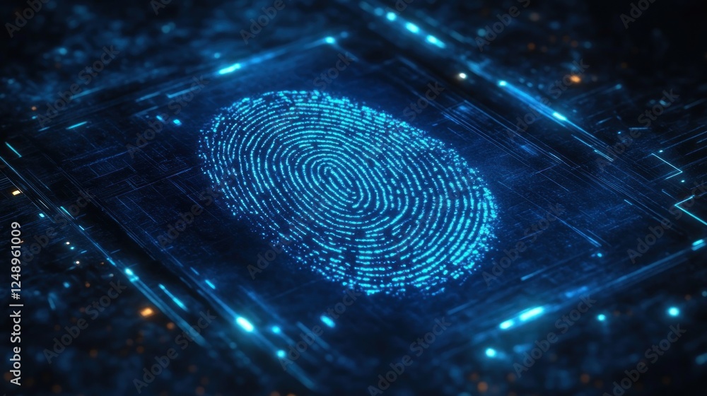 Poster fingerprint security identification in cyberpunk style with blue glow and geometric patterns