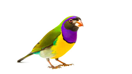 Fototapeta premium Colorful Gouldian finch with vibrant plumage against white background. Bold and exotic bird, perfect for wildlife adventure, nature-inspired designs and ornithology concepts. Copy space