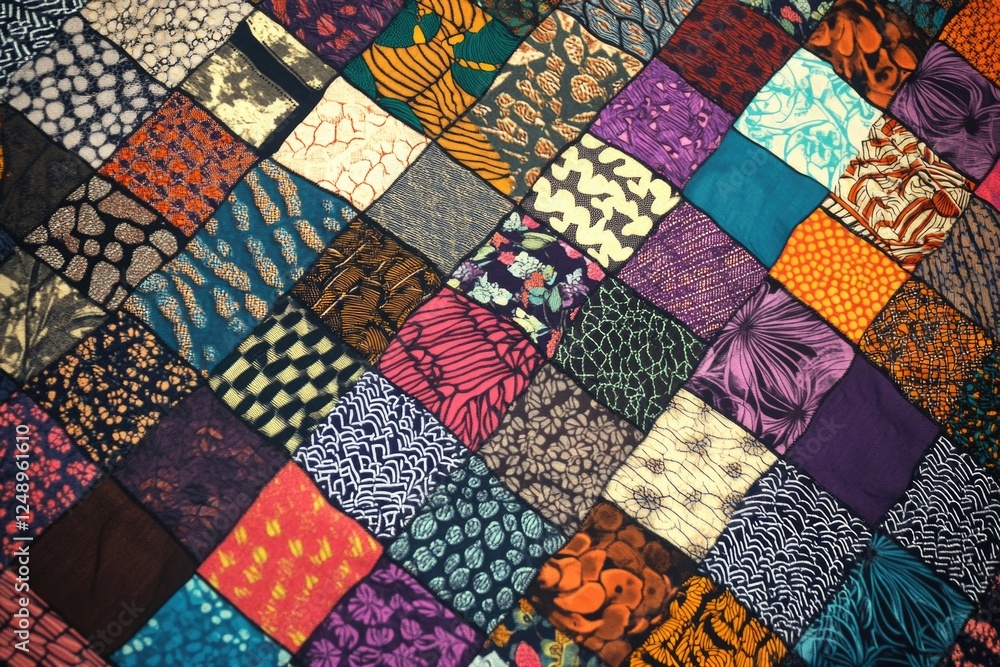Poster handmade quilt of many square patches displaying a diversity of colors and patterns.
