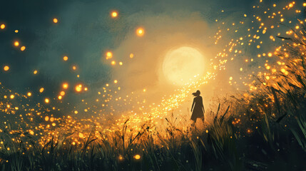Fototapeta premium Magical Evening With Glowing Lights and a Lone Figure Standing in a Grassy Field Under a Full Moon