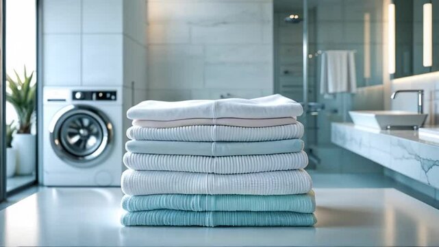 stack of clean clothes in the background washing machine