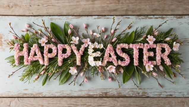 Flower arrangement with the words Happy Easter written in pink on a wooden surface - Powered by Adobe
