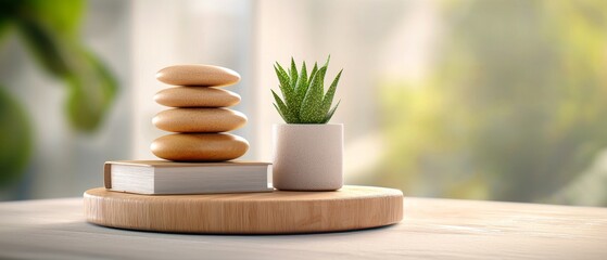 A serene arrangement featuring stacked stones, a small potted plant, and a book on a wooden platter, evoking a sense of calm and tranquility.
