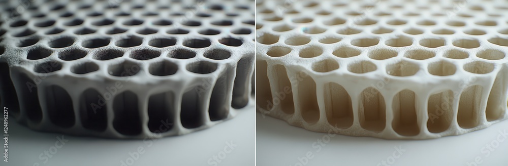 Poster close up view of a 3d printed honeycomb structure, showcasing a light gray and off white color varia