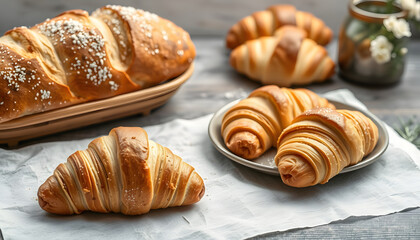 Bread and croissants frame with copy space. with white shades