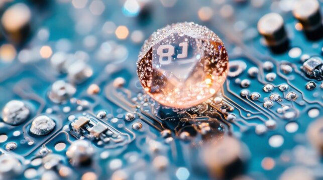 Close up view of a crystal sphere with the number 8J on it, positioned atop a circuit board. The sphere is illuminated by soft light, producing a