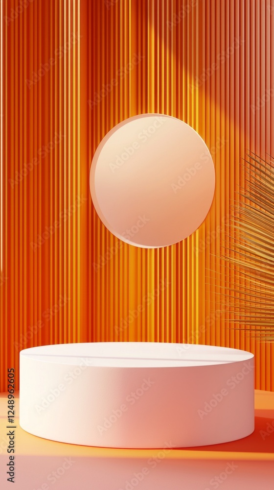 Aufkleber a vibrant setting featuring a sleek orange cylinder podium paired with a white pedestal. the backdro